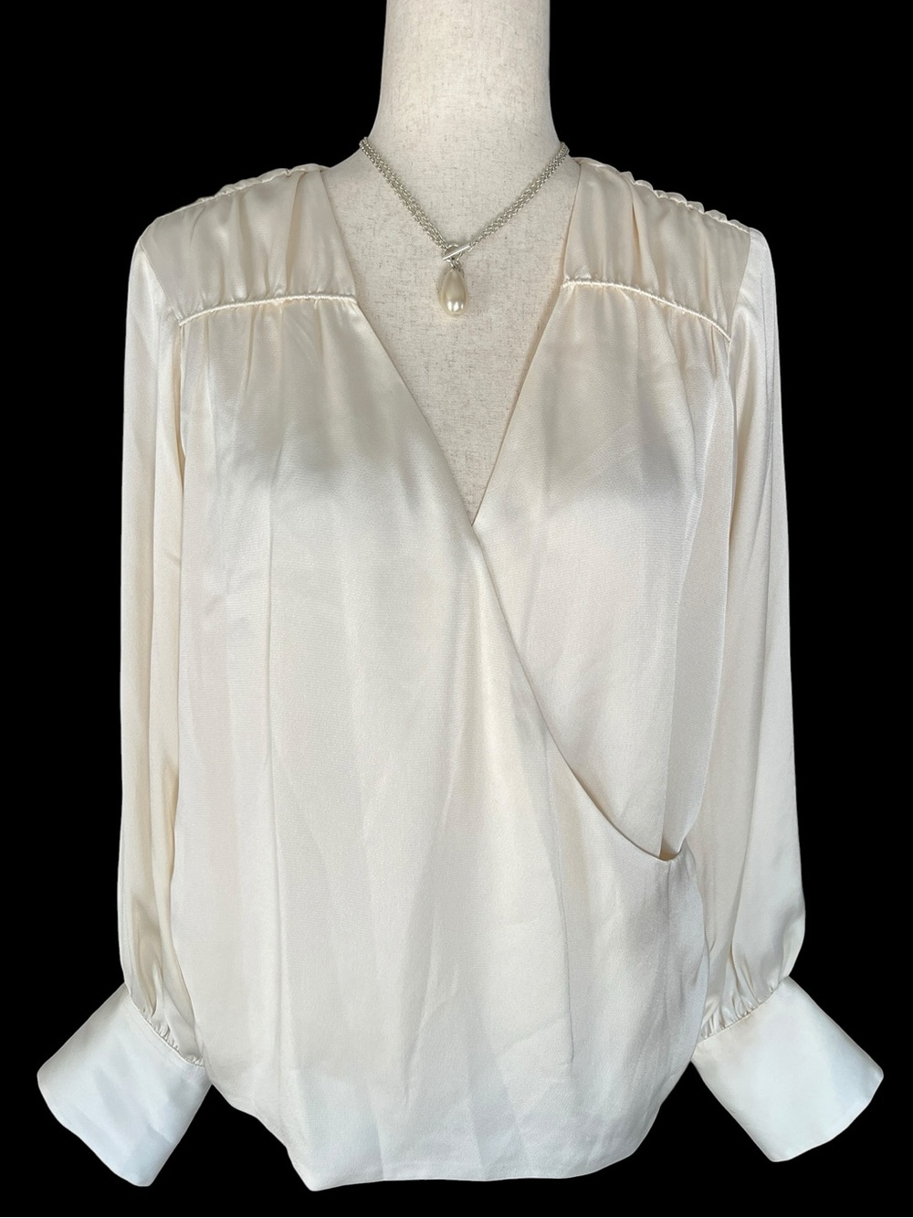 DKNY Satin Cream Faux Wrap Blouse